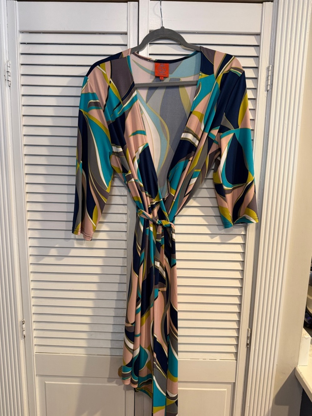 Tracy Negoshian Multicolor Abstract Wrap Dress - Teal, Navy & Blush